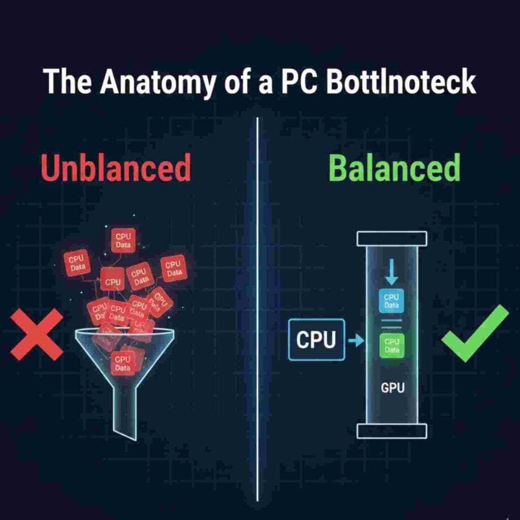 PC bottleneck diagram showing unbalanced vs balanced CPU and GPU performance