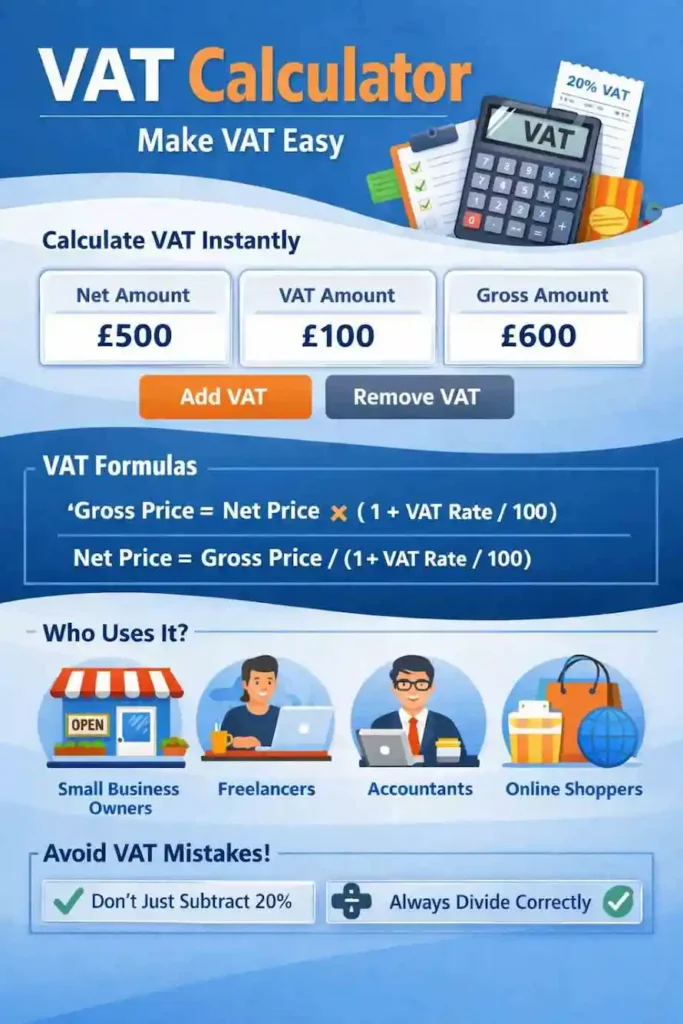 VAT calculator infographic showing how to add and remove VAT with formulas and examples.