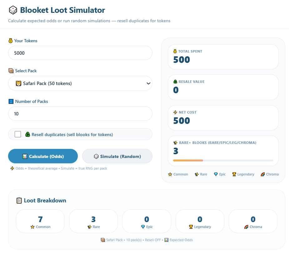 Blooket calculator tool showing pack odds, tokens, and loot simulation results