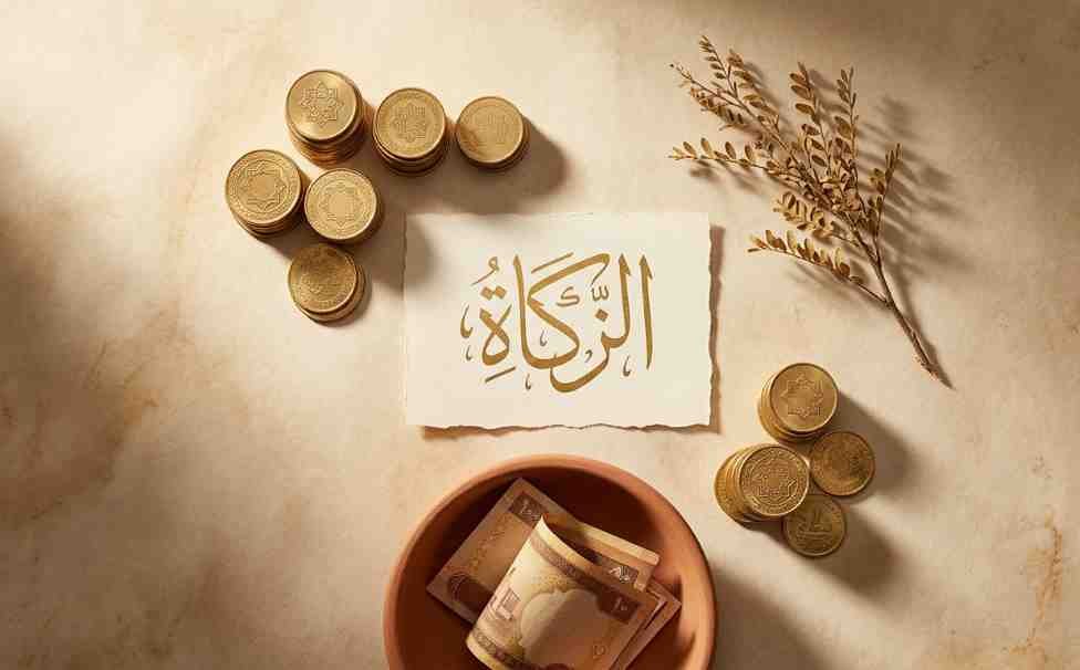 Modern Zakat editorial: gold calligraphy on parchment with stacked coins and a clay bowl of money.