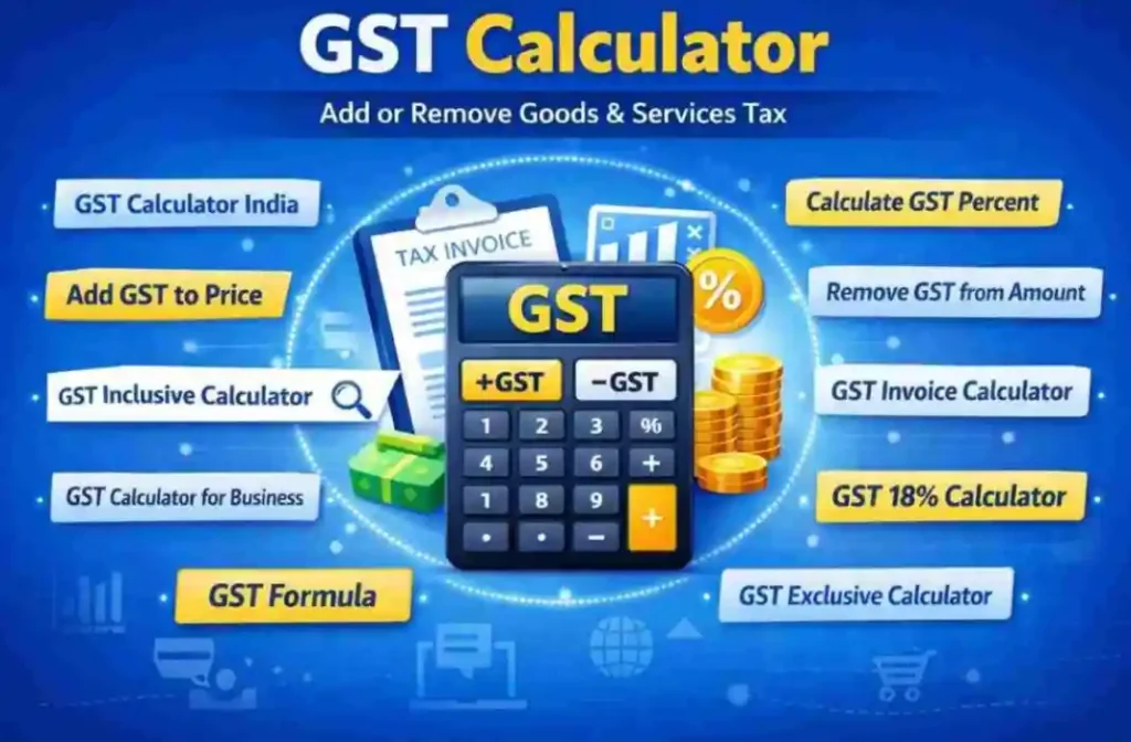 GST calculator infographic showing add or remove GST with formula and examples